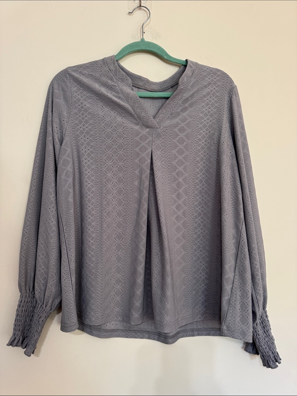 Smocked Cuff Gray Long-Sleeve V-Neck Top